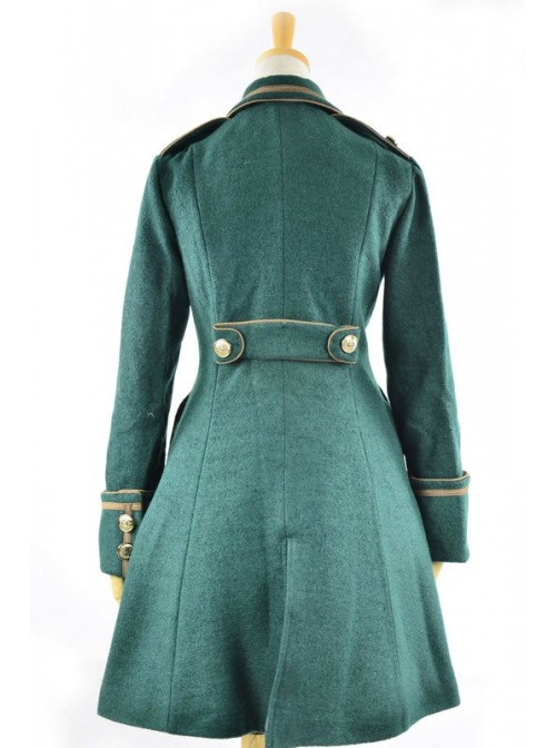 Deep Green Turndown Collar Long Sleeves Wool Flannel Lolita Coat