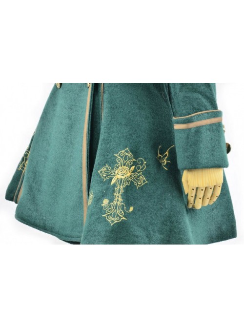 Deep Green Turndown Collar Long Sleeves Wool Flannel Lolita Coat