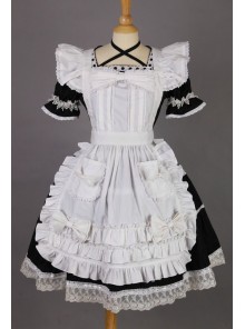 Short Sleeves Lace Trim Cotton Cosplay Maid Costume