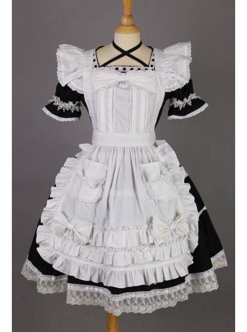 Short Sleeves Lace Trim Cotton Cosplay Maid Costume