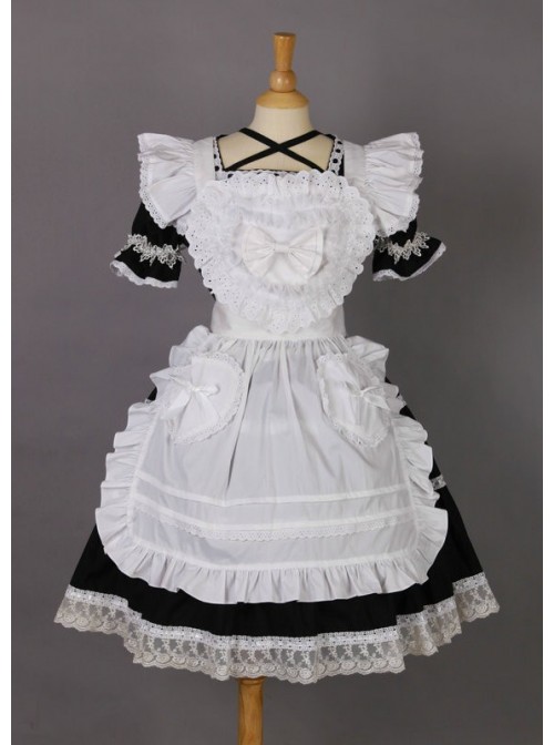 Short Sleeves Lace Trim Cute Cotton Cosplay Maid Costume