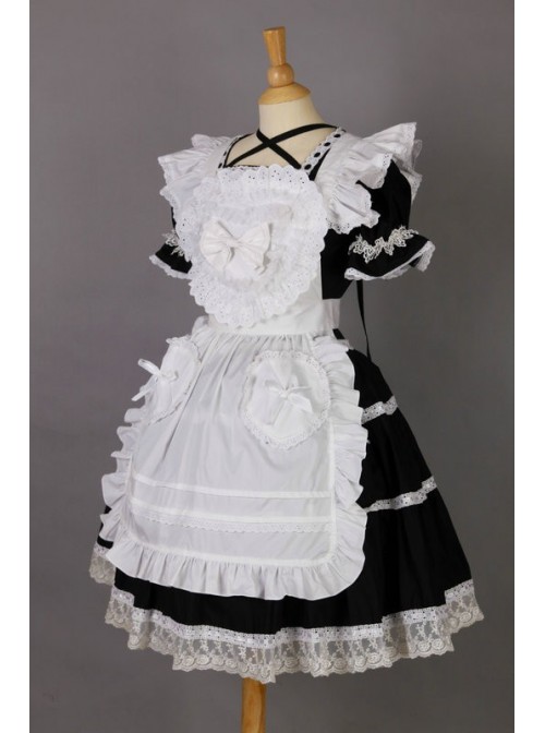 Short Sleeves Lace Trim Cute Cotton Cosplay Maid Costume