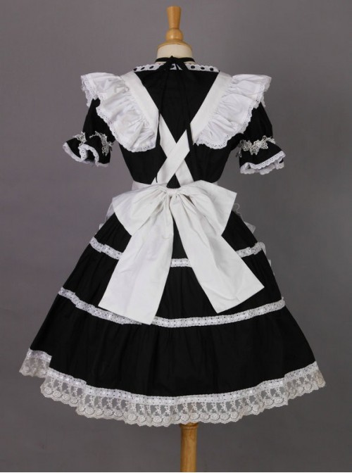 Short Sleeves Lace Trim Cute Cotton Cosplay Maid Costume