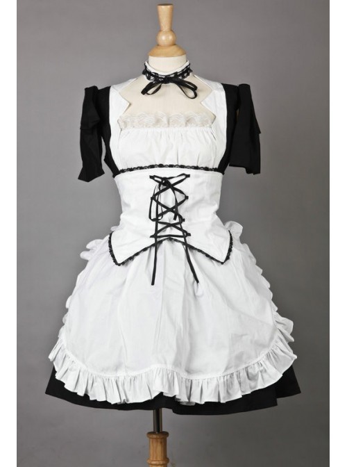 Short Sleeves Lovely Lace Cotton Cosplay Maid Costume