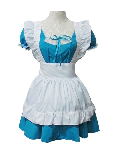 Blue Short Sleeves Cotton Cosplay Maid Costume