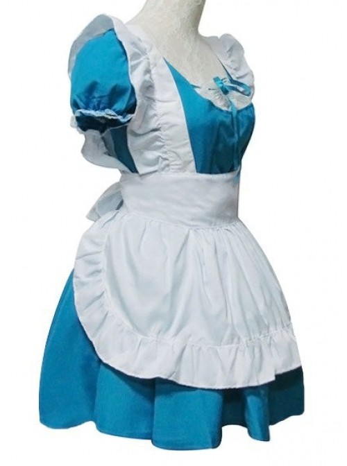 Blue Short Sleeves Cotton Cosplay Maid Costume