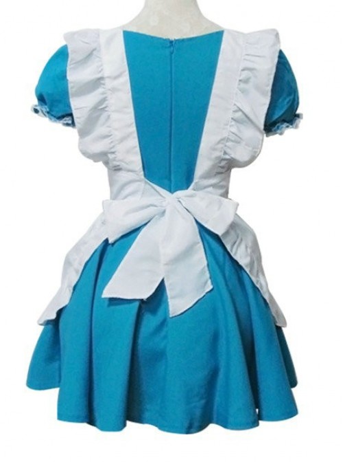 Blue Short Sleeves Cotton Cosplay Maid Costume