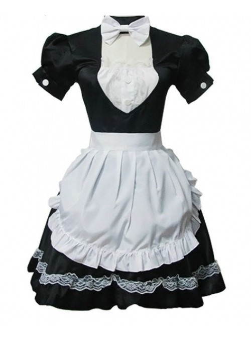 Black Short Sleeves Lace Cotton Cosplay Maid Costume