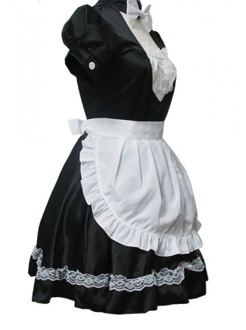 Black Short Sleeves Lace Cotton Cosplay Maid Costume