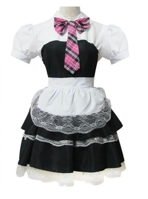 Black Short Sleeves Lace Sweet Cotton Cosplay Maid Costume