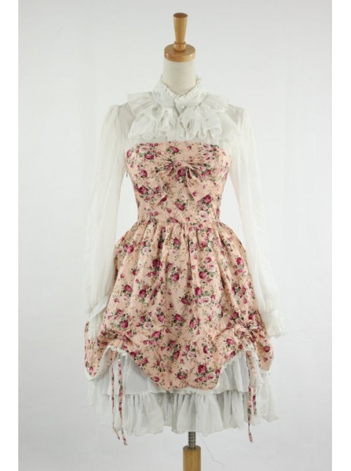 Sweet Pink Floral Lace Trim Cotton Lolita Dress