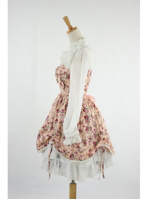 Sweet Pink Floral Lace Trim Cotton Lolita Dress