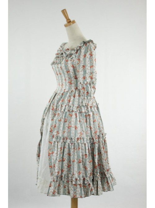 Sky-blue Floral Short Sleeves Cute Cotton Lolita Dress