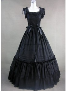 Classic Black Sleeveless Lolita Dress With Ruffled Ribbon Cotton