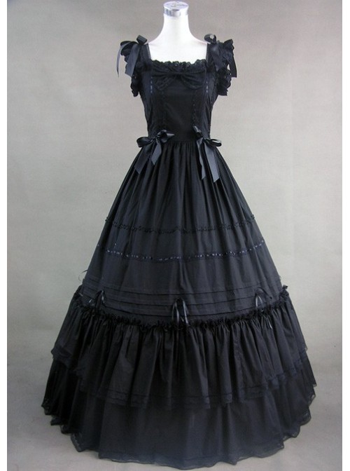 Classic Black Sleeveless Lolita Dress With Ruffled Ribbon Cotton