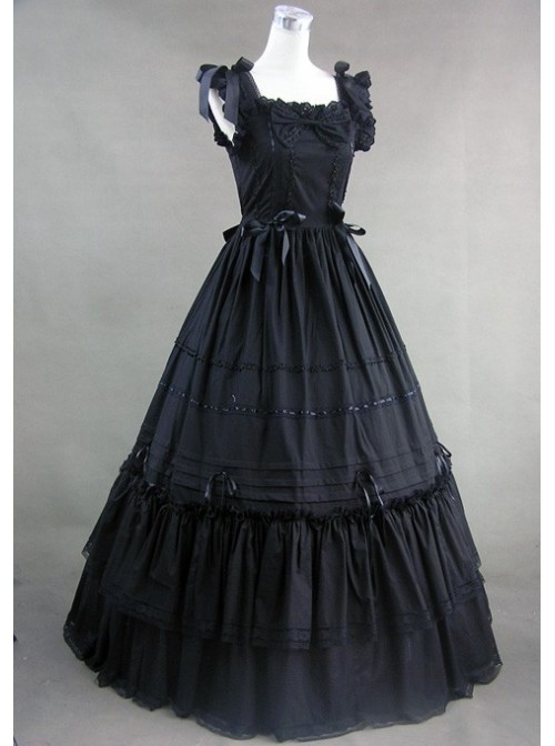 Classic Black Sleeveless Lolita Dress With Ruffled Ribbon Cotton