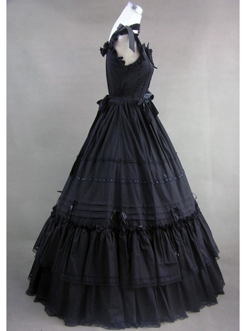 Classic Black Sleeveless Lolita Dress With Ruffled Ribbon Cotton