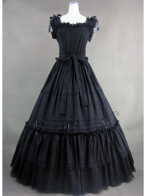 Classic Black Sleeveless Lolita Dress With Ruffled Ribbon Cotton