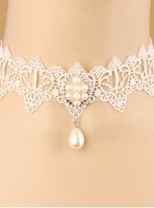 White Classic Lace Pearl Pendant Lolita Necklace