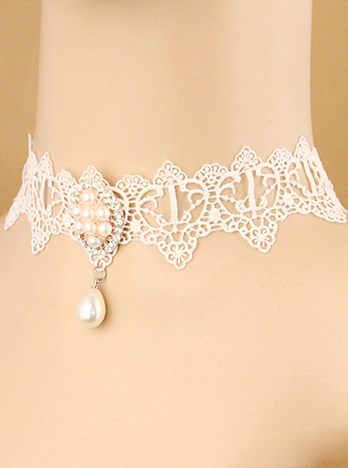 White Classic Lace Pearl Pendant Lolita Necklace