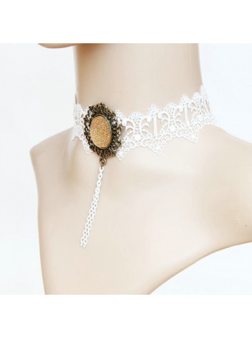 White Sweet Lace Gemstone Lolita Necklace