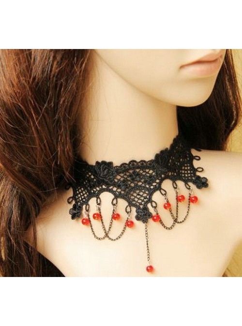 Sexy Black Lace With Red Gemstone Lolita Necklace