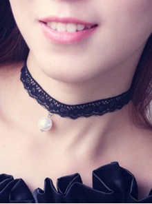 Black Lace Pearl Pendant Girls Lolita Choker