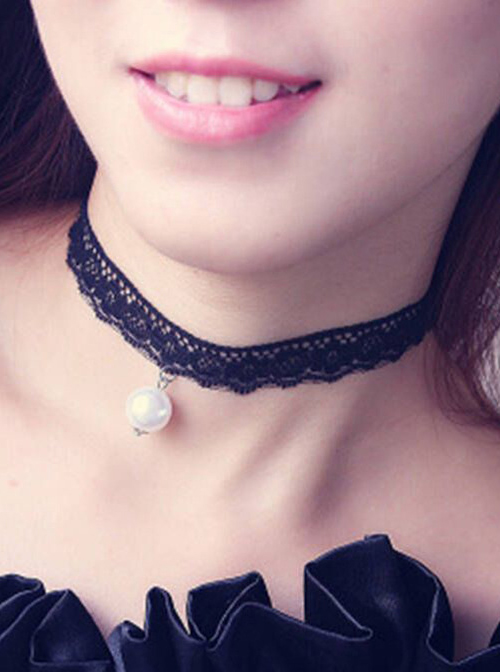 Black Lace Pearl Pendant Girls Lolita Choker