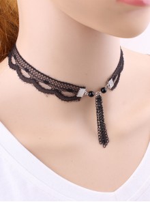 Concise Black Lace Metal Chain Tassel Girls Lolita Necklace