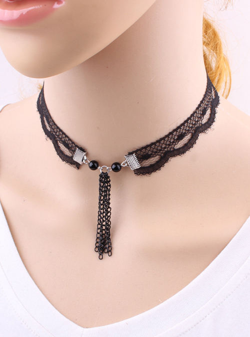 Concise Black Lace Metal Chain Tassel Girls Lolita Necklace