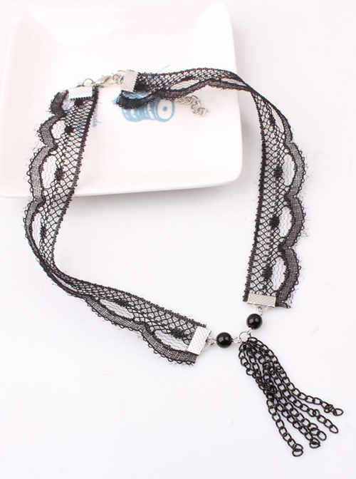 Concise Black Lace Metal Chain Tassel Girls Lolita Necklace