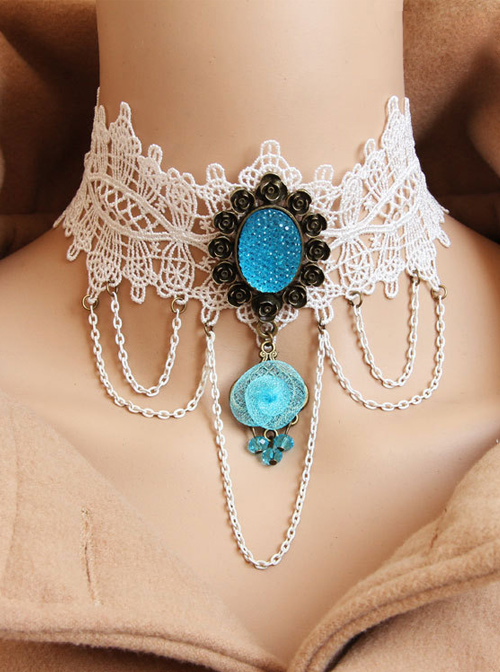 Gorgeous Palace White Lace Blue Pendant Necklace