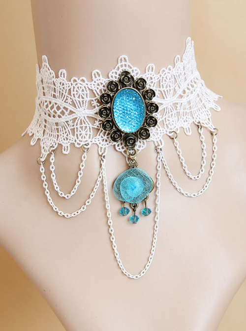 Gorgeous Palace White Lace Blue Pendant Necklace