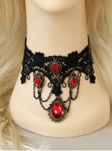 Gorgeous Black Lace Red Gemstone Gothic Lolita Necklace