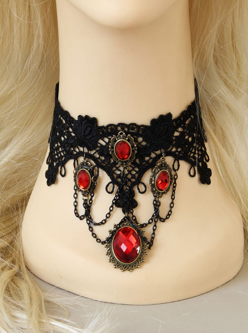 Gorgeous Black Lace Red Gemstone Gothic Lolita Necklace