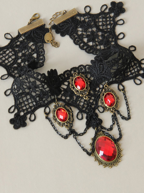 Gorgeous Black Lace Red Gemstone Gothic Lolita Necklace