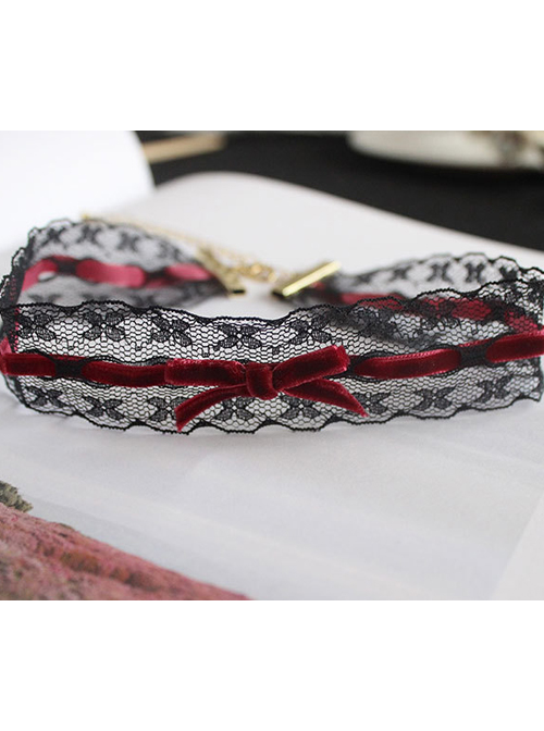 Black Lace Red Bowknot Girls Lolita Choker