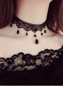 Concise Black Lace Beaded Gothic Lolita Choker