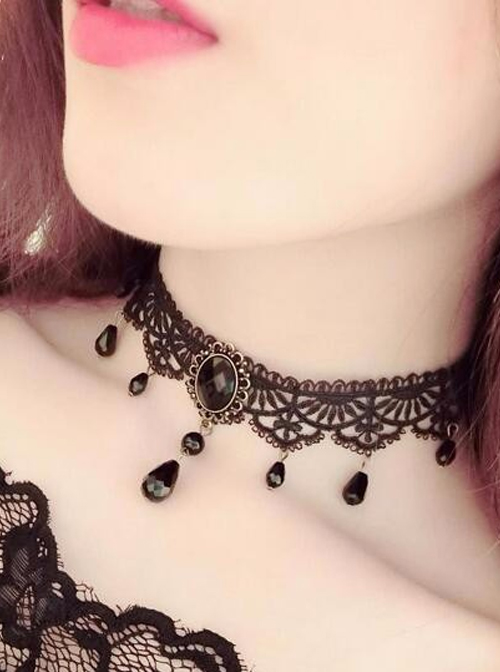 Concise Black Lace Beaded Gothic Lolita Choker