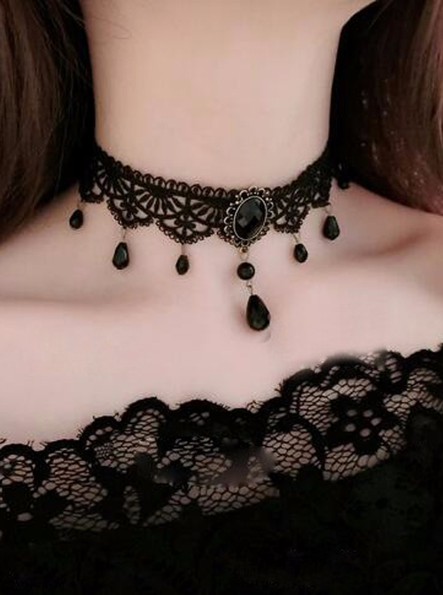 Concise Black Lace Beaded Gothic Lolita Choker