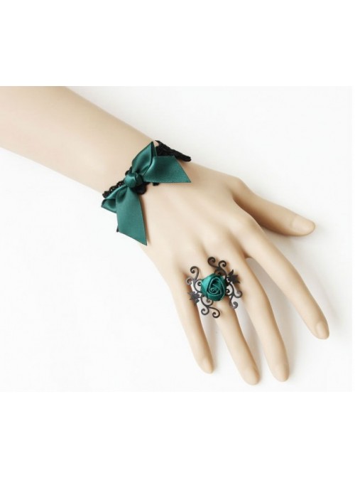 Retro Dark Green Bow Floral Lolita Bracelet And Ring Set