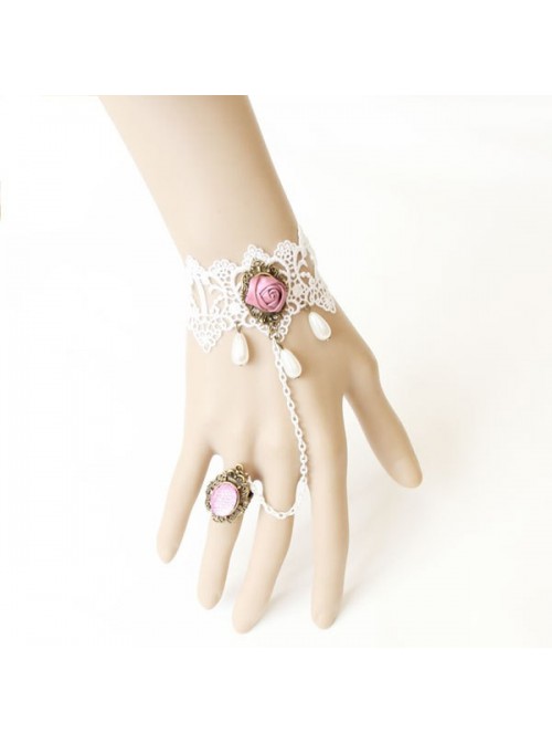 White Lace Rose Handmade Lolita Bracelet And Ring Set