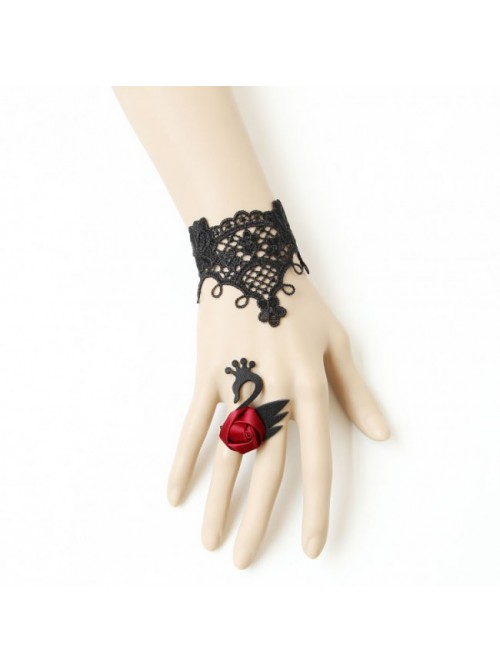 Gothic Black Lace Swan Lolita Bracelet And Ring Set