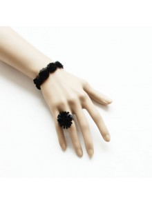Concise Black Floral Lolita Bracelet And Ring Set