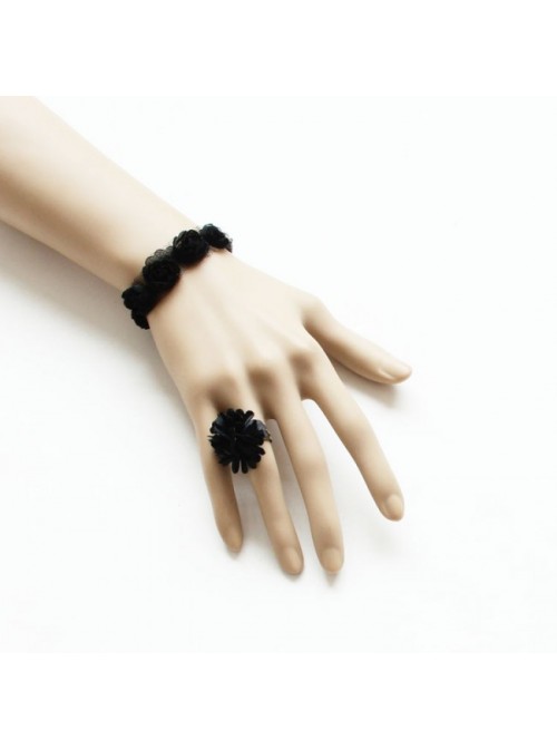 Concise Black Floral Lolita Bracelet And Ring Set