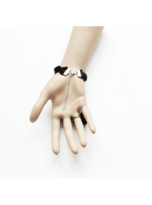 Concise Black Floral Lolita Bracelet And Ring Set