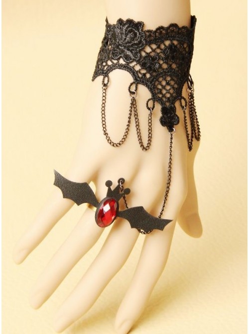 Gothic Black Lace Lolita Bracelet And Little Bat Finger Ring Set