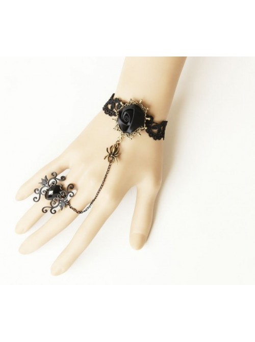 Black Lace Floral Lady Lolita Bracelet And Ring Set