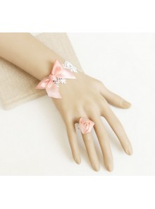 Sweet Pink Bow Rose Girls Lolita Bracelet And Ring Set