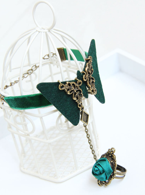 Retro Green Butterfly Lolita Bracelet And Rose Ring